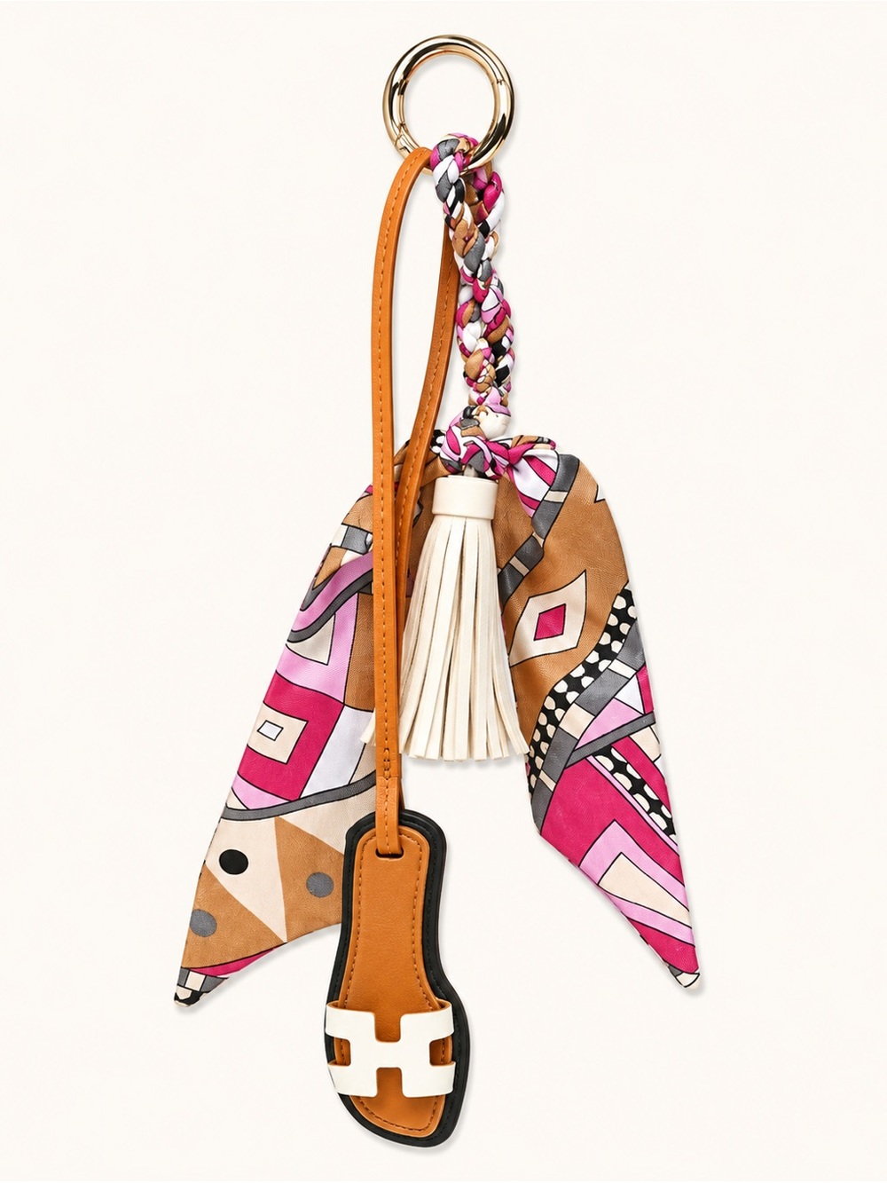 Leather Tassel Scarf Keychain with Pink & Tan Print